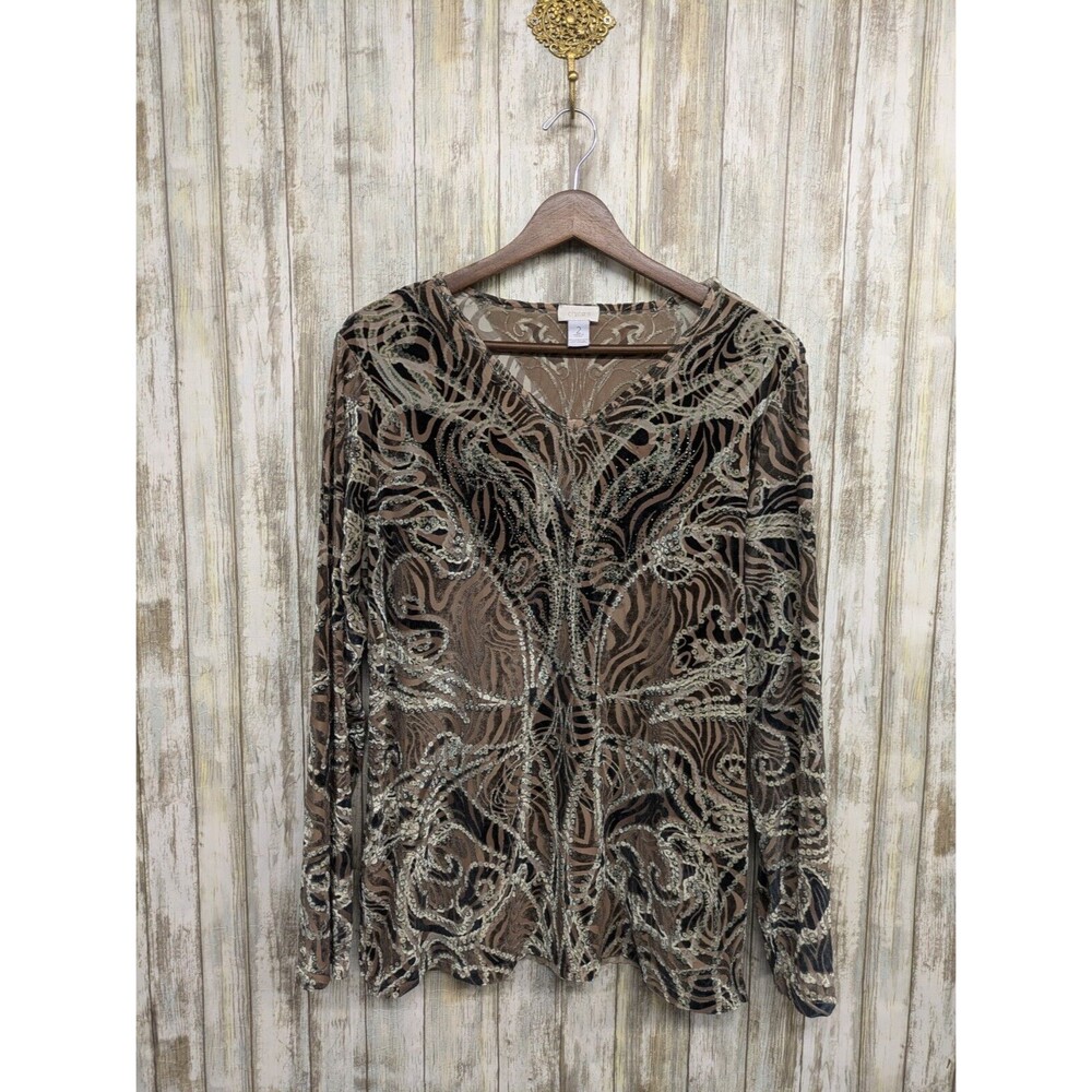 Chico's Crushed Velvet Embellished Tiger Print Geo Rhinestone Top Size 2 / Large